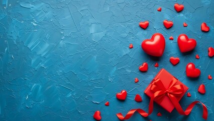 Red hearts and gift box on textured blue background for Valentine's Day
