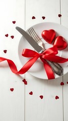 Romantic dinner setup with red hearts and silverware on white table