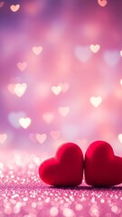 Red heart-shaped cushions on glittery surface with floating love hearts background