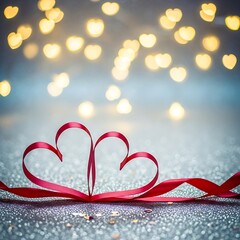 Red heart-shaped ribbon on wet pavement with golden bokeh lights background