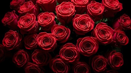 Vibrant red roses in full bloom arranged closely on dark background