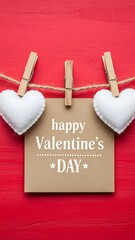 Handmade Valentine's Day card with white hearts hanging on red wooden background