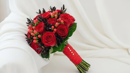 Bride Holding Red Rose Bouquet.