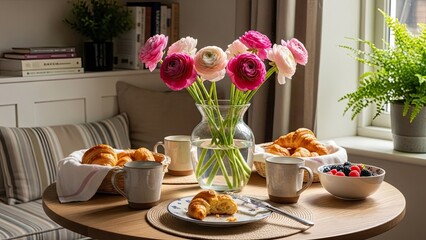 Breakfast Table with Fresh Flowers.