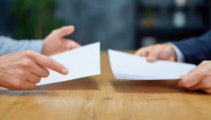 Obraz premium Close up of businessman hand signing contract or reviewing document on wooden table