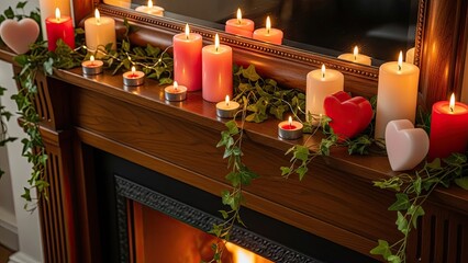 Candles and Greenery on Mantelpiece.