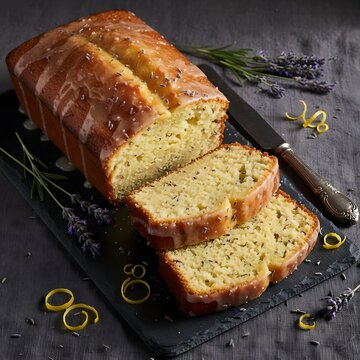 Sliced lavender lemon pound cake drizzled with a sweet glaze, garnished with fresh lavender sprigs and lemon zest on a dark slate board, ready to be served