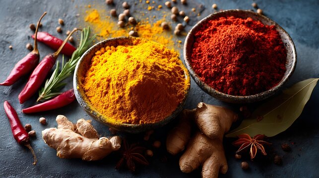 Spice background with turmeric and paprika powder, chili peppers, ginger and herbs