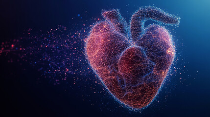 abstract human heart with glowing dots and lines on a dark blue background, 