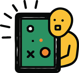 A minimalist vector icon of a yellow person with a square mouth peering out from behind a green frame with scattered white