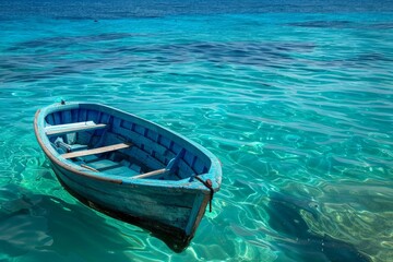 Fototapeta premium Small blue wooden boat floating on crystal clear turquoise water