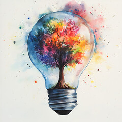 Tree Inside Light Bulb | Creative Idea Concept | Innovation Art | Nature & Energy | Colorful Tree | Idea Illustration | Eco Concept | Inspiration Art | Creative Thinking