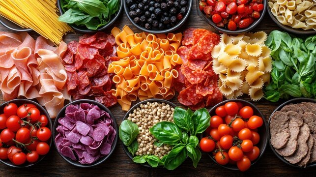 Colorful pasta and assorted ingredients arranged in small bowls - Powered by Adobe