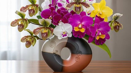 Colorful Orchids in Modern Vase.