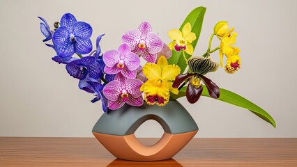 Colorful Orchids in Ceramic Vase.