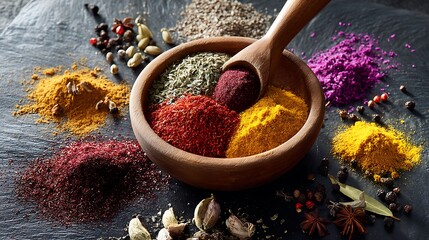 Vibrant spice powders in wooden bowl with spoon on dark slate background
