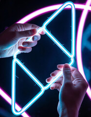 Close-Up of Human Hands Holding Glowing Abstract Lines Forming Shape, Innovation Concept with Clean Dark Minimal Background for Technology, Creativity, and Futuristic Branding