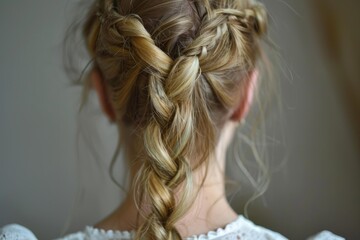 Naklejka premium Rear view of a blonde woman with an elaborate braided hairstyle