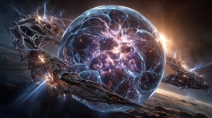 3D rendering of the evolution of stars. The surface of a massive neutron star with large-scale atmospheric disturbances and plasma outbursts