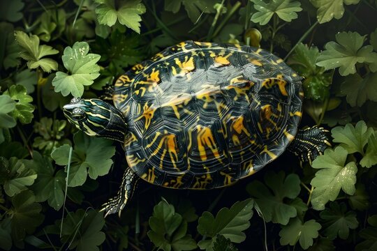 Florida red bellied cooter turtle crawling on green leaves in its natural habitat