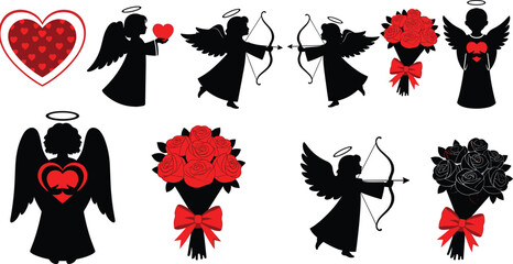 Valentine angel and cupid silhouette collection with hearts, bows, arrows and rose bouquets in romantic love themed illustration set