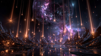 3D rendering of the falling of bright particles. Starfall on a dark background with shiny and glowing asterisks. Perfect bright and glamorous background for festive and solemn compositions