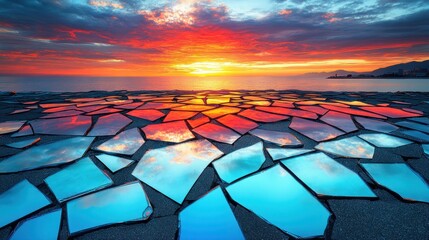 Colorful shattered mirror sunset reflecting clouds