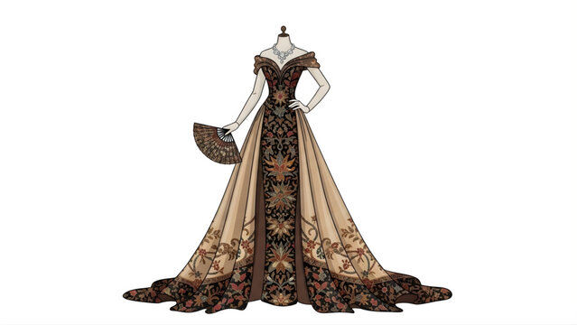Elegant Off-the-Shoulder Gown with Intricate Floral Patterns and a Flowing Train, Perfect for Formal Occasions