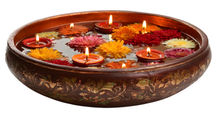 A burning wax candle creates a romantic Christmas glow in a dark spa, its flickering flame and flower decoration in a glass bowl offering relaxation and holiday candlelight