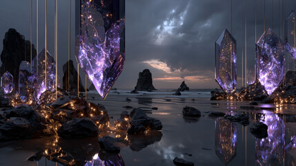 3D rendering retro futuristic background. Virtual space on the background of stars and rocks. The background is perfect for any thematic presentation or your own graphic project