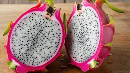 Dragon Fruit Cut Open on Wood.