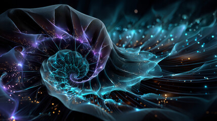 3D rendering spiral bright vortex flows of light on a surface with lines. Colorful decorative backgrounds for presentations, holidays, filming. Cover design template, business flyer layout, wallpaper