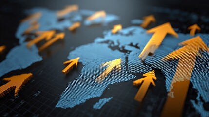 A digital illustration of a world map with orange arrows pointing upwards, symbolizing global growth and progress.