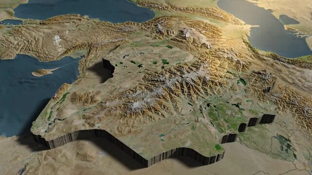Detailed 3D geographical map revealing Middle Eastern region with mountainous terrain and neighboring seas