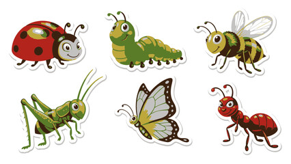Fototapeta premium Colorful Insect Sticker Pack Featuring Ladybug, Caterpillar, and Butterfly in a Vibrant Garden Scene
