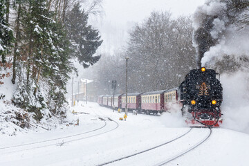 Selketalbahn in Winterlandschaft im Harz