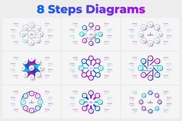 8 Steps Diagram Presentation Template, Circular Process Infographic, Eight Step Options Workflow, Business Strategy Vector Diagrams Set
