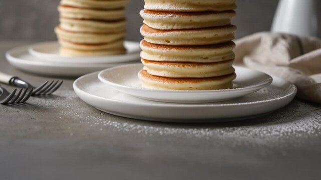 Pancakes powdered sugar breakfast, slow tilt-down shot revealing a tall stack of fluffy pancakes sprinkled with white sugar in a cafe setting.