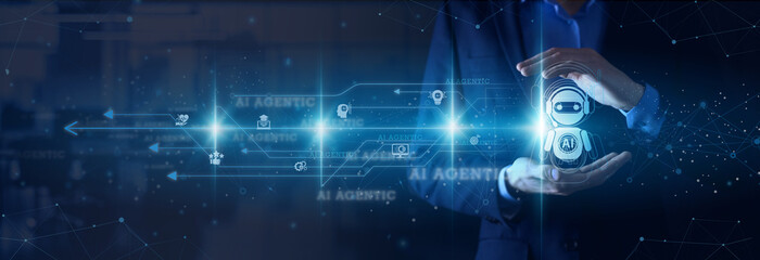 AI Research Scientist hands holding algorithm AI Agentic autonomy decision-making perception network connections multi-agent systems coordination reinforcement learning.