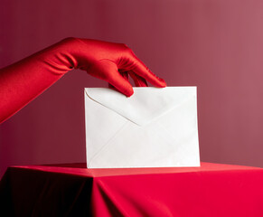 Hand in Red Glove Holding White Envelope on Red Background