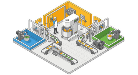 Obraz premium This isometric illustration depicts a modern automated food processing plant, showcasing a worker supervising efficient machinery and product packaging.
