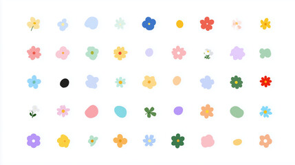 A vibrant collection of colorful flower icons and paint spots, perfect for creative projects, digital design, and branding