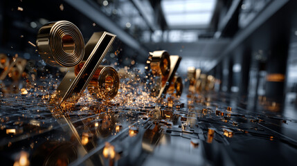 3D-rendering of signs percent, falling into a heap. Volumetric signs with a reflective surface