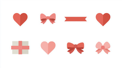 A collection of Valentine’s Day icons including hearts, bows, and a gift, perfect for romantic themes and celebrations.