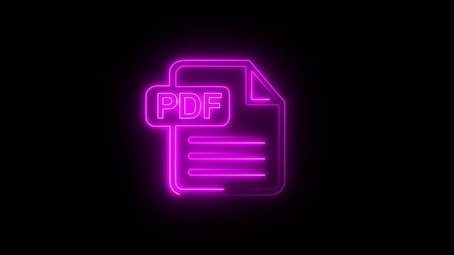 Neon PDF file icon glowing blue and pink on black background image photo