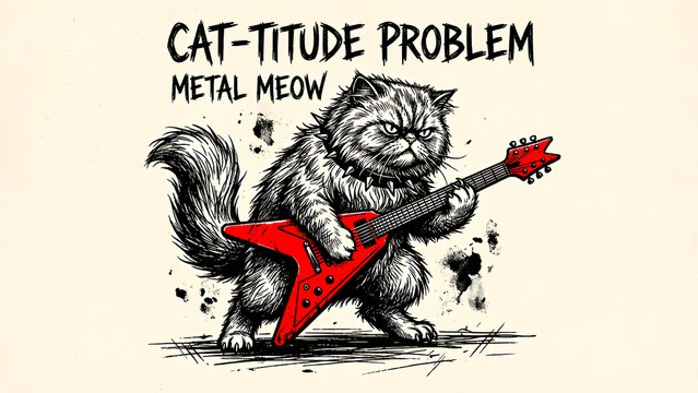 Fierce fluffy Persian cat rocking out hard on a vibrant red v-style electric guitar illustration captures heavy metal humor perfectly