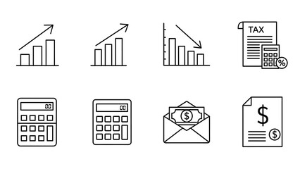 Collection of Icons Representing Financial Growth and Decline, Tax Documents, and Calculators for Business and Economic Concepts