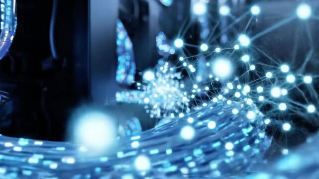 A futuristic digital network visualization with glowing nodes and connections