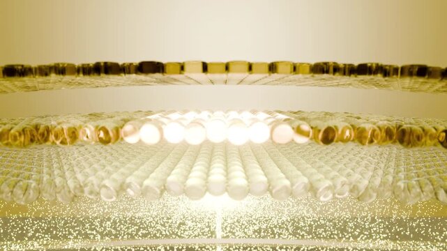3D animation of a glowing golden skin structure, visualizing strength and effectiveness of premium cosmetic ingredients for luxury skincare advertising.