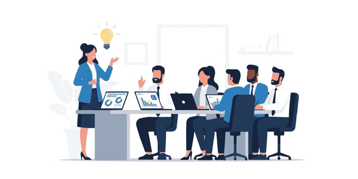 A successful team of business people sitting in an office meeting with a laptop and computer technology to discuss a growth graph concept for teamwork